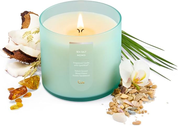 CUE Scented Candle | OpenWick Clean Burning | Soy Coconut Wax Blend | Spring | Summer | Clean Burning | Gift | Extended Burn Time (14oz, Sea Salt Monoi)