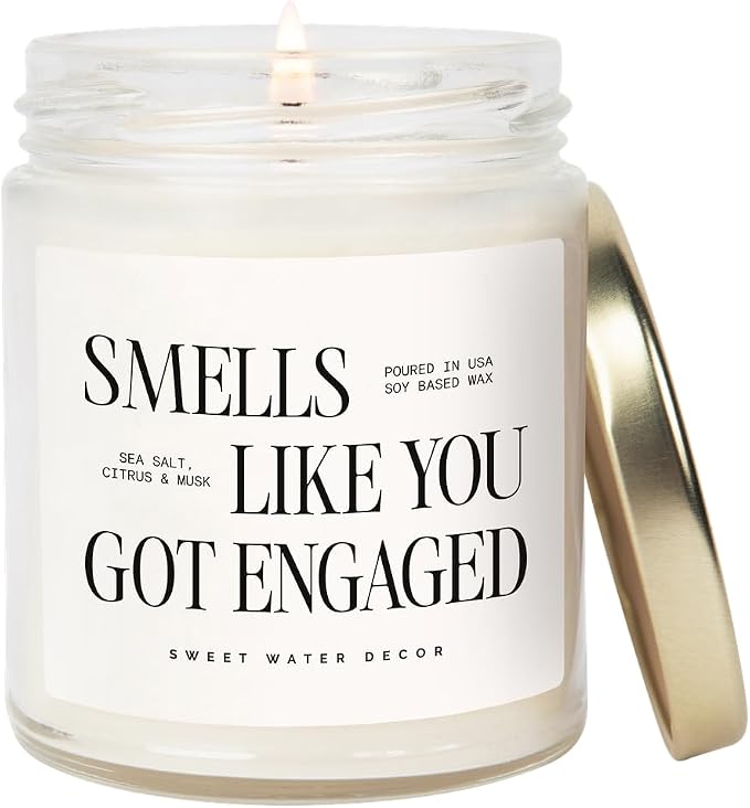 Sweet Water Decor Smells Like You Got Engaged Candle, Engagement Gift for Bride-to-Be Bridal Shower, 9oz Soy Candle with Gold Lid, Non-Toxic, Sea Salt Citrus Musk Amber Scent, Engagement Decorations