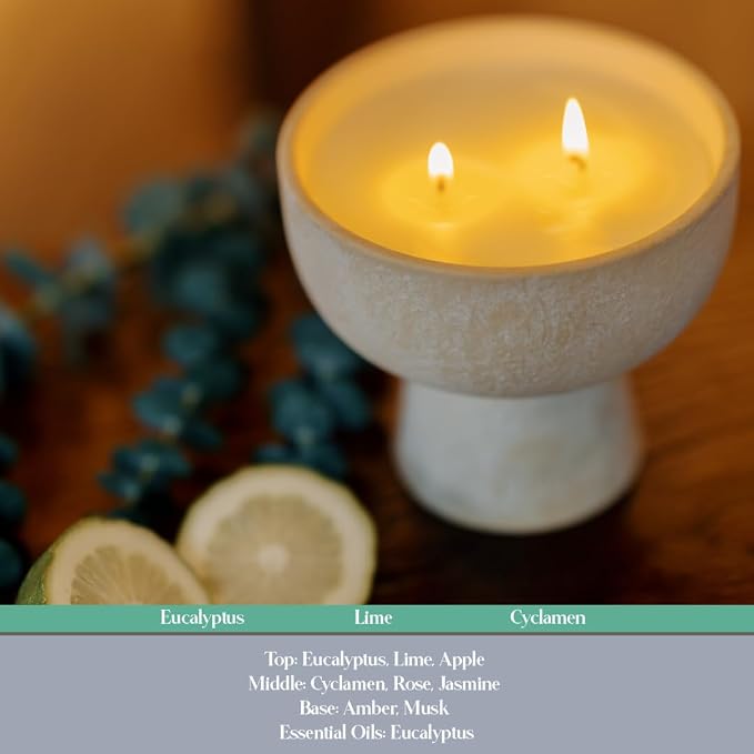 Blueme Focus Candle | Eucalyptus & Lime | 2 Wick - Refillable Wellness Candle with Essential Oils, Hand Finished & Poured Soy Wax Blend Ceramic Vessel, Natural Cotton Wicks | Medium 12 oz