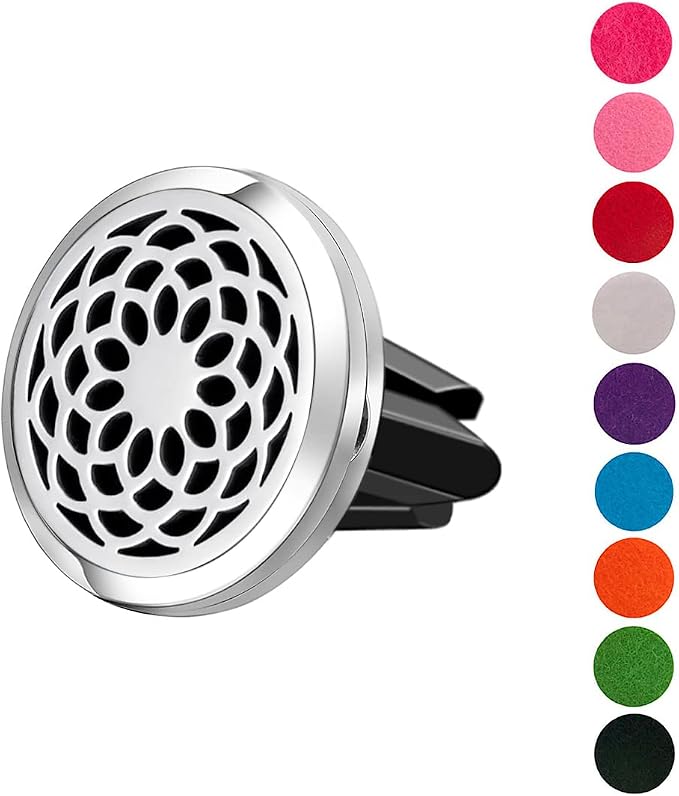 Wild Essentials Sunflower Essential Oil Car Vent Diffuser Kit – 316L Stainless Steel Locket, Rubber-Coated 4-Way Clip, 8 Color Pads (22mm), 25mm – Includes Alert & Inner Calm (2 x 10ml)