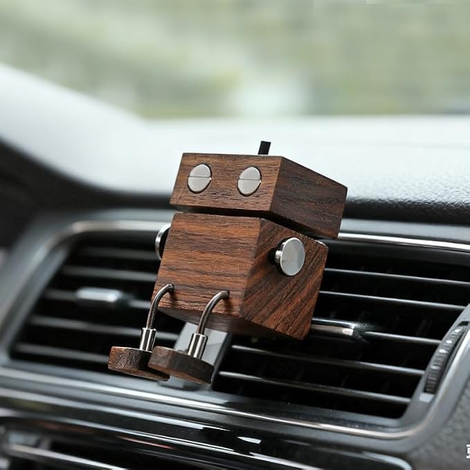 Car Air Diffuser - 2-in-1 Shaking Wooden Man Figurine & Refillable Aroma Vent Clip with 5ml Capacity + 5 Sticks, Walnut Wood Essential Oil Air Freshener Car Dashboard Accessories Decor Gift for Driver