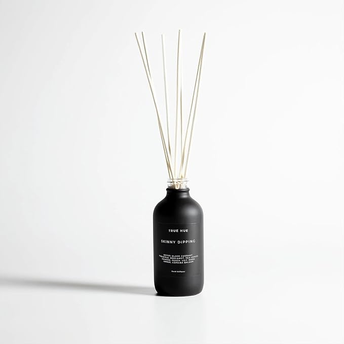 Luxury Reed Diffuser| True Hue | 3.75 fl oz | Glass and Rattan | Lasts for 2-3 Months | Fragrance Diffusers for Home | Handmade in USA (Skinny Dipping)
