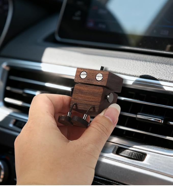 Car Air Diffuser - 2-in-1 Shaking Wooden Man Figurine & Refillable Aroma Vent Clip with 5ml Capacity + 5 Sticks, Walnut Wood Essential Oil Air Freshener Car Dashboard Accessories Decor Gift for Driver