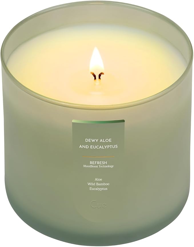 CUE Scented Candle |MoodBoost Essential Oils |OpenWick Clean Burning Candle | Soy Coconut Wax Blend | Candle for Home | Gift |Extended Burn Time (14oz, Dewy Aloe and Eucalyptus)