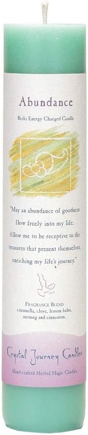 Crystal Journey Reiki Charged Herbal Magic Pillar Candle - Abundance - Made with Aromatherapy Essential Oils Clove, Citronella, Lemon Balm, Cinnamon, and Nutmeg