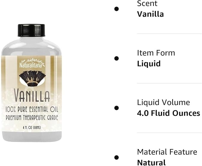 Naturalitana 4oz Vanilla Essential Oil for Diffuser, Soap, Vanilla Bath Bombs, Essential Oil Candle Making & Aromatherapy