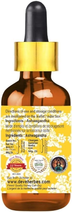 dève herbes Ashwagandha Oil (Withania somnifera) with Glass Dropper | Infused | Pure | Non-Sticky | Lightweight | for Facial Care | Men & Women | 30ml (1 oz)