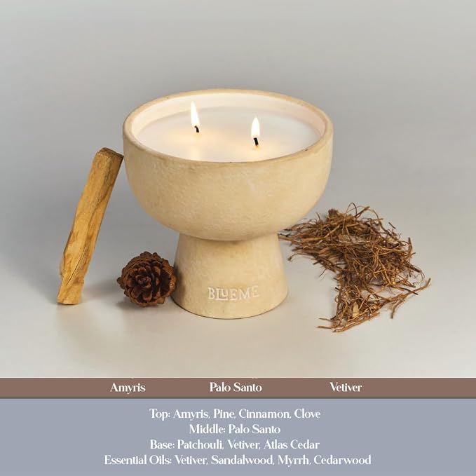 Blueme Spiritual Candle | Palo Santo & Vetiver | 2 Wick - Refillable Wellness Candle with Essential Oils, Hand Finished & Poured Soy Wax Blend Ceramic Vessel, Natural Cotton Wicks | Medium 12 oz