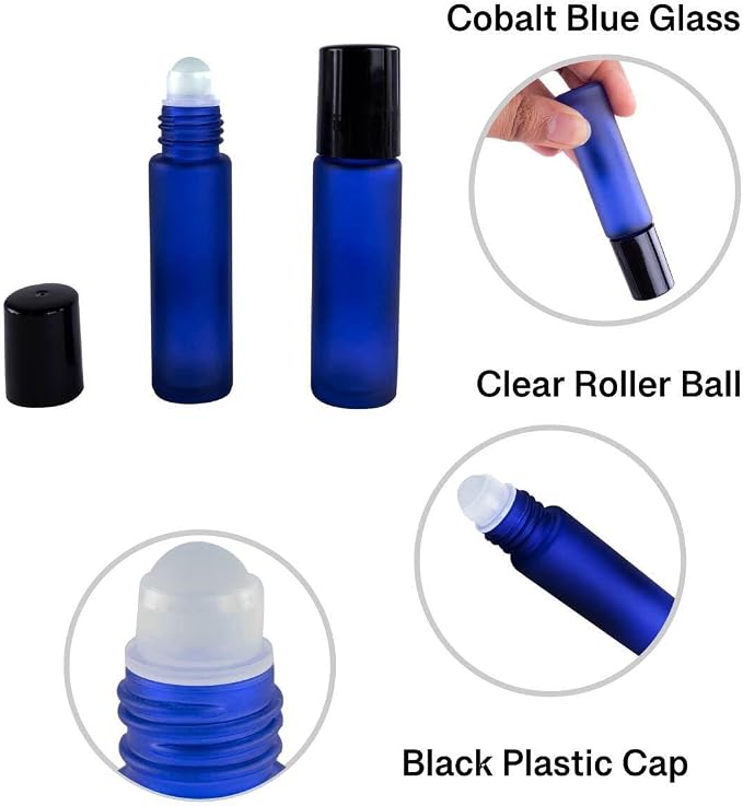 Super Z Outlet Cobalt Blue Glass Roll On 10ml (1/3oz) Bottles Glass Container Tubes Roll-On Bottles with Ball Tips for Homemade Lip Care Products, Aromatherapy Essential Oils, Perfumes (6 Pack)