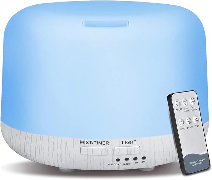 Aromatherapy Diffuser for Essential Oil, 300ml Cool Mist Humidifier with Remote Control, Aroma Diffusers for Home with Waterless Safety Switch & 14 LED Colors White Wood Base