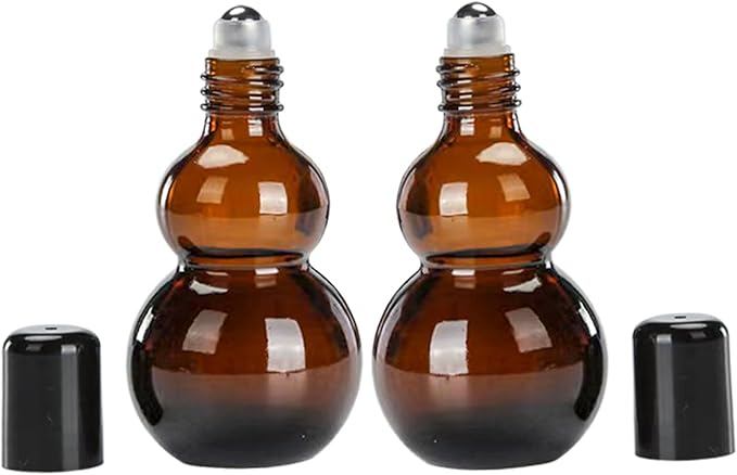 Essential Oil Roller Bottles, Amber Gourd Shaped Glass Roller Bottles with Stainless Steel Roller Ball, for Travel,Perfume (Amber-Black Cap, 50ML)