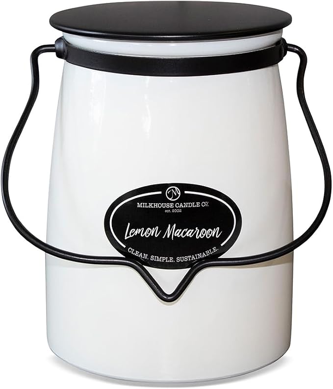 Milkhouse Candle Company Lemon Macaroon Soy Candle - Vanilla | Lemon | Citrus Scented - 22 oz Butter Jar with Lid, 120+ Hour Burn Time, Made in the USA