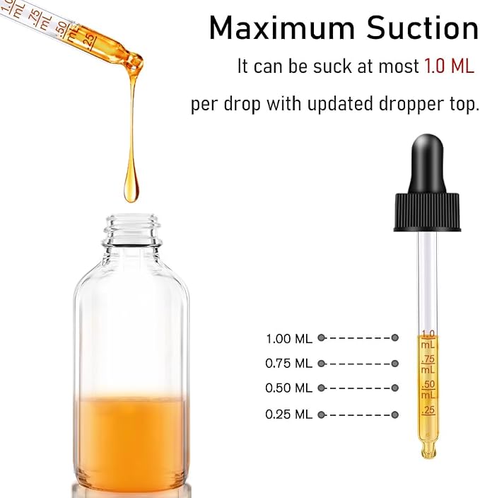 Bumobum 2 oz Clear and Amber Bottle, 2 pack Glass Dropper Bottles for Essential Oils Bottles with Funnel, Labels and Measured Dropper - Leakproof Lap dispensing