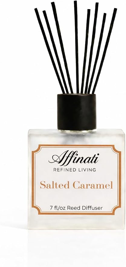 Affinati Salted Caramel Reed Diffuser – 7.0 fl oz Home Fragrance Diffuser with 8 Reeds – Long Lasting Flame Free Room Fragrance for Bedroom, Bathroom, Office & Living Room