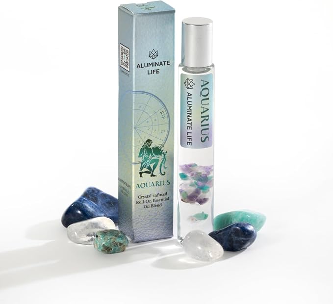 Aquarius Zodiac Crystal-Infused Essential Oil Rollerball, Aromatherapy Blend - Creativity & Clarity, Premium Astrology Sign Birthday Gift, Natural Therapeutic Roller, 10 mL