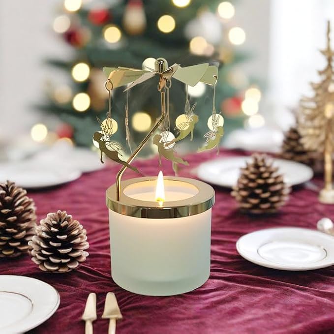 kingnero Lavender Scented Candle Carousel Rotary Candle Holder Spinning Tea Light Holder Birthday Gifts for Women, Mom, Wife, Girlfriend, Sister, Female Friends, (Golden Fairy)
