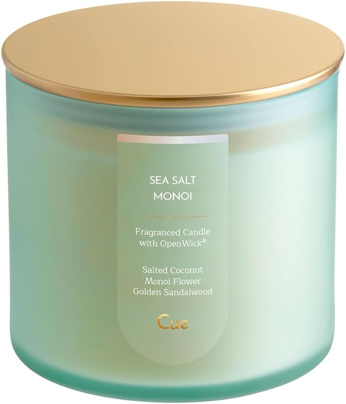 CUE Scented Candle | OpenWick Clean Burning | Soy Coconut Wax Blend | Spring | Summer | Clean Burning | Gift | Extended Burn Time (14oz, Sea Salt Monoi)