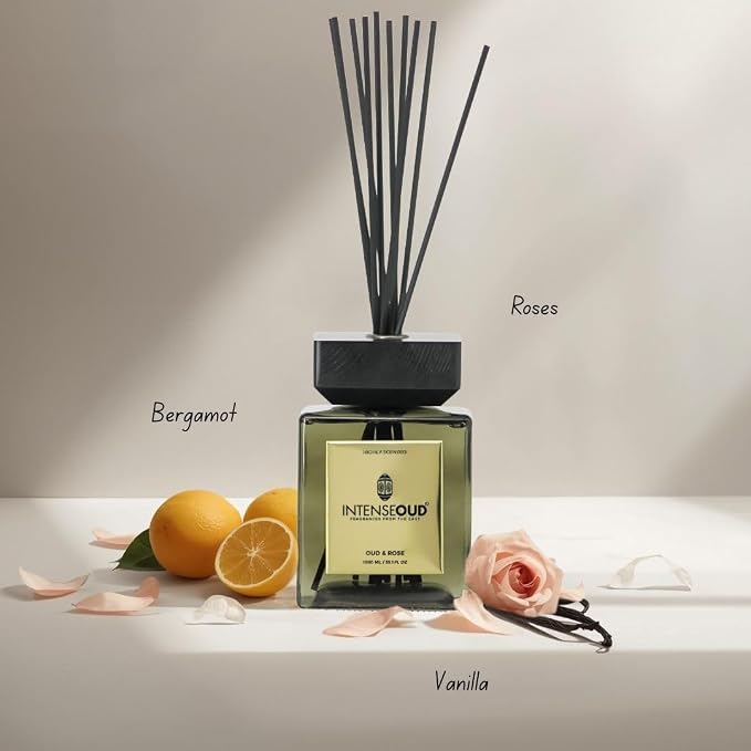 Reed Diffuser for Home with Oud & Rose Scent 1000ML (35.1 OZ) Long-Lasting Aromatherapy Diffusers with 6 Reed Sticks & Refillable Glass Holder – Up to 90 Days of Flame-Free Home Fragrance