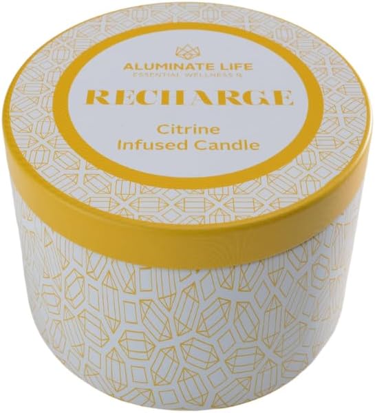 Luxury Candle Tin, 6 OZ, Recharge - Citrine Crystal Infused - Scents of Lemongrass, Geranium, and Basil - Happiness, Manifestation, & Abundance - Coconut Wax, Essential Oils