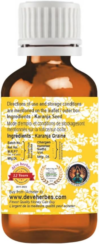 Deve Herbes Karanja Seed Oil (Pongamia pinnata) | Cold Pressed | Pure | Natural | Undiluted | for Diluting Essential Oils | for Skin & Massage | Non-Sticky| Lightweight| Men & Women | 15ml (0.50 oz)