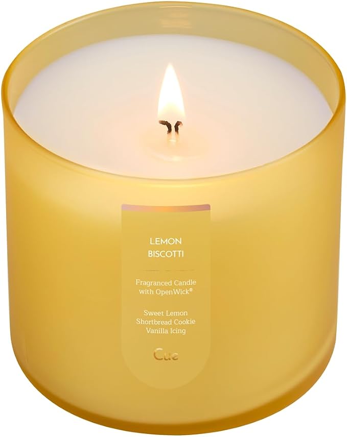 CUE Scented Candle | OpenWick Clean Burning | Soy Coconut Wax Blend | Spring | Summer | Clean Burning | Gift | Extended Burn Time (14oz, Lemon Biscotti)