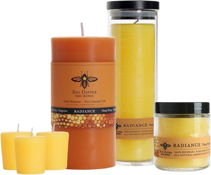Big Dipper Wax Works Beeswax Aromatherapy Candle, Radiance, Pillar Candle, Ylang Ylang & Tangerine Scented, 40-Hour Burn, Pure Essentail Oils, 2" x 4.75"