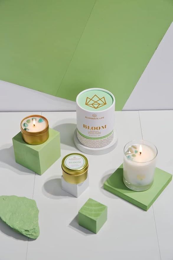Luxury Candle Tin, 4 OZ, Bloom - Amazonite Crystal Infused - Scents of Lavender, Neroli, and Jasmine - Hope, Discovery, & Growth - Coconut Wax Blend, Essential Oils, Dr. Developed