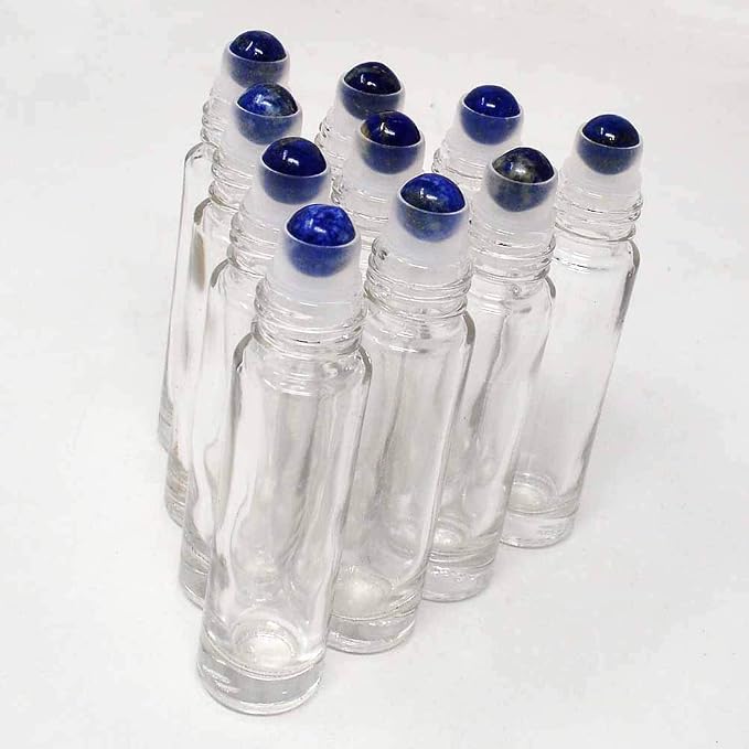 fengshuisale 10pcs Clear 10ml Empty Refillable Glass Bottles with Crystal Semiprecious Stones Essential Oil Gemstone Roller Ball Bottles with Silver Lid with Free Bag W3900 (Lapis)