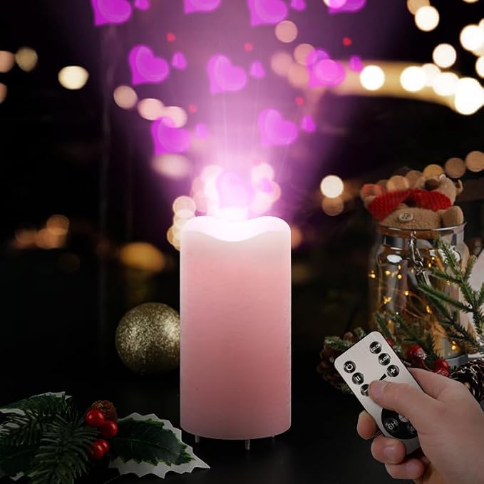XingsLight Valentines Day Decorations Flameless Candles with Romantic Pink Heart Projector Lights Battery Operated LED Candle with Remote and Timer,2 Pack