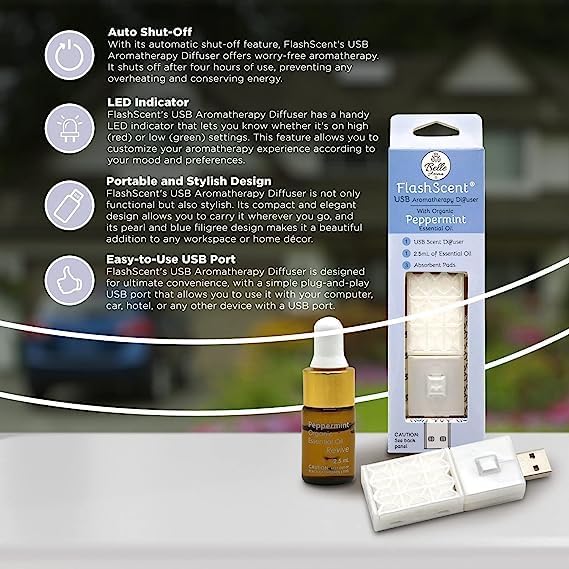 Belle Aroma® FlashScent™ Aromatherapy Diffuser USB – Portable Essential Oil Diffuser for Car, Office Desk & Travel – Waterless Mini Air Diffuser Kit with Peppermint & Lavender Oil & 7 Refill Pads