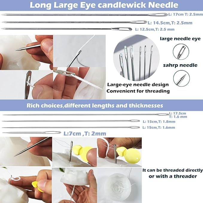 133PCS Candle Making Kits with Candle Wick Trimmer(7IN),Mold Hook Punch Needle Wick for Inserting Wick,Big Hole Long Needle,Cotton Wick with Metal Sustainer Tabs,Wick Stickers with The Little ‘‘Tail’’