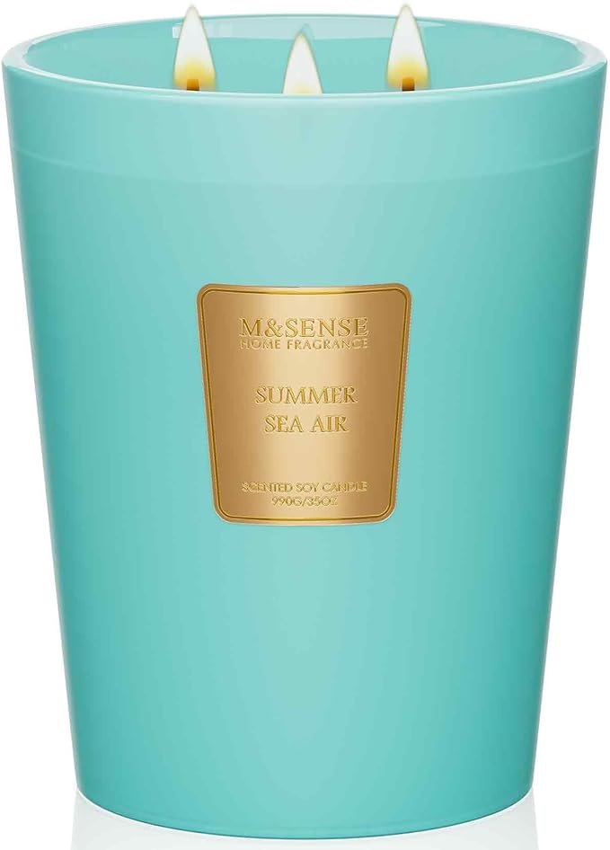 M&SENSE Summer Sea Air Scented Candle, 35oz 3 Wick Extra Large Natural Soy Wax Candles 150 Hours Long Lasting Slow Burning, Candles Gift for Summer Home Decor