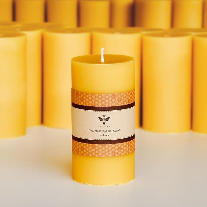 DEYBBY 3x6 inch Natural Beeswax Pillar Candle Set of 4, Smokeless Dripless Pure Organic Beeswax Candles with Natural Scent for Blackout Home Decoration Spa Relaxation（Yellow）
