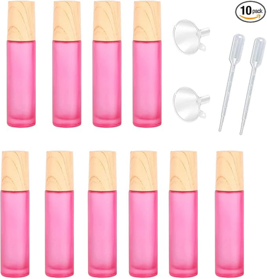 10 Pcs Frosted Glass Essential Oils Roll on Bottles,10ml Refillable Massage Roller Bottles Perfume Bottles with Stainless Steel Ball Wood Grain Cap Empty Travel Roller Essential Oils Vials(Pink)