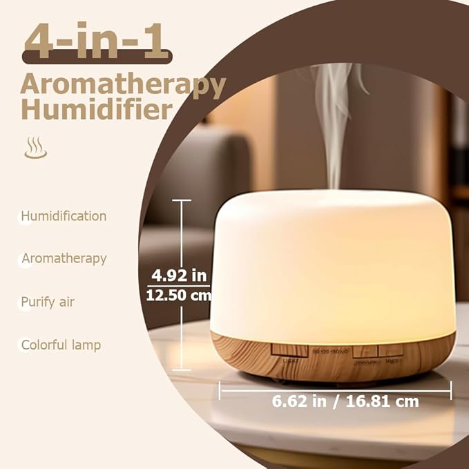 500ml Premium Essential Oil Diffuser,Quiet 4-in-1 Ultrasonic Aromatherapy Humidifier,7 Color LED Lights,with Adjustable Automatic Timer Off Function and Spray Mode. (Light Woodgrain,Classic Model)