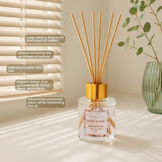 Lifescapes Reed Diffuser - 30ml Peach & Basil | Refreshing Home Fragrance for Relaxation and Dcor