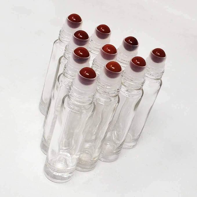 fengshuisale 10pcs Clear 10ml Empty Refillable Glass Bottles with Crystal Semiprecious Stones Essential Oil Gemstone Roller Ball Bottles with Silver Lid with Free Bag W3900 (Jasper)