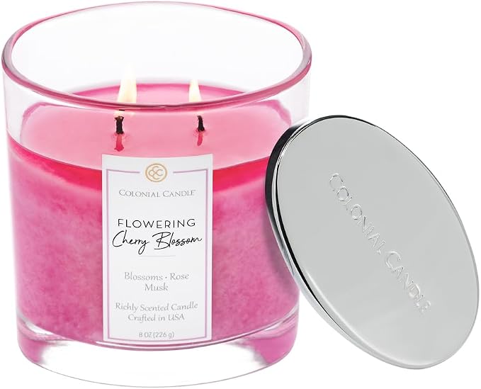 Colonial Candle Flowering Cherry Blossom Scented Candle Jar, Highly Fragranced Candles for Home Scented, Mottled Wax Candle, 2 Wick, 8 oz - Made in the USA