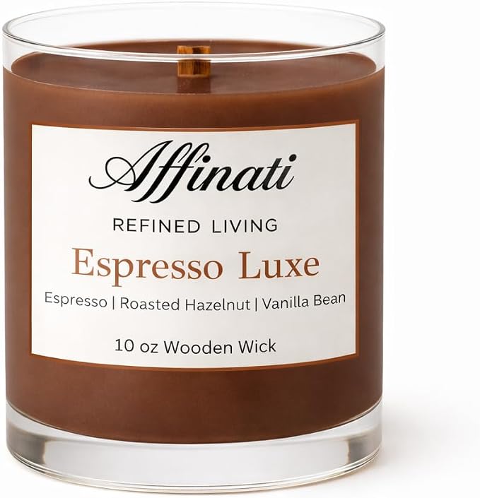 Affinati Espresso Luxe Scented Candle, 10 oz Wooden Wick Tumbler Jar – Highly Fragrant Rich Coffee Bean Aromatherapy, Kitchen Soy Blend Gift