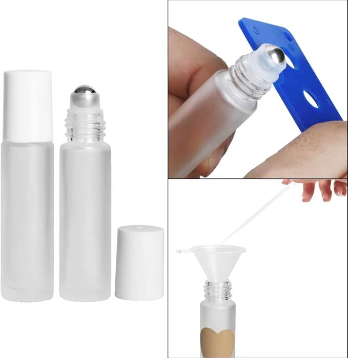 24-Pack 10ml Clear Frosted Glass Roll-On Bottles with Stainless Steel Rollers, Refillable Roll-On Applicators for Essential Oils, Castor Oil, Aromatherapy, and Empty Deodorant Containers