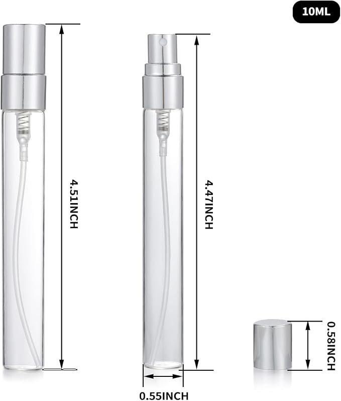 20Pcs 10ml Empty Clear Glass Mist Spray Bottle Refillable Mini Perfume Atomizer Travel Sample Bottle with Silver Aluminized Nozzle Makeup Container for Perfume (10ml Silver Caps)