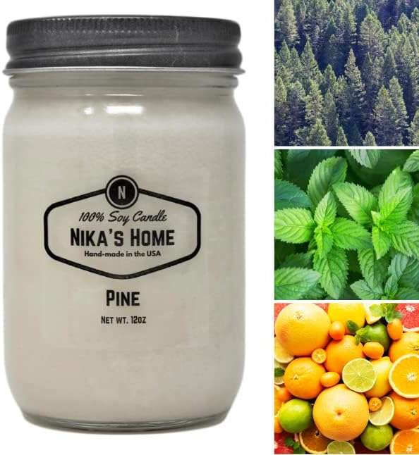 Nika's Home Pine Soy Candle - 12oz Mason Jar - Non-Toxic - Hand Poured in The USA, Long Burning 50-60 Hours Highly Scented All Natural, Clean Burning