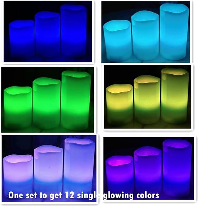 Adoria Blue Flameless Candles Set of 3- Real Wax Pillar Candles Battery Operated with Remote and Timer - Dia 3" XH4/5/6“，Ocean Scent,Color Changing for Home Decor. Wedding,Camping, Party