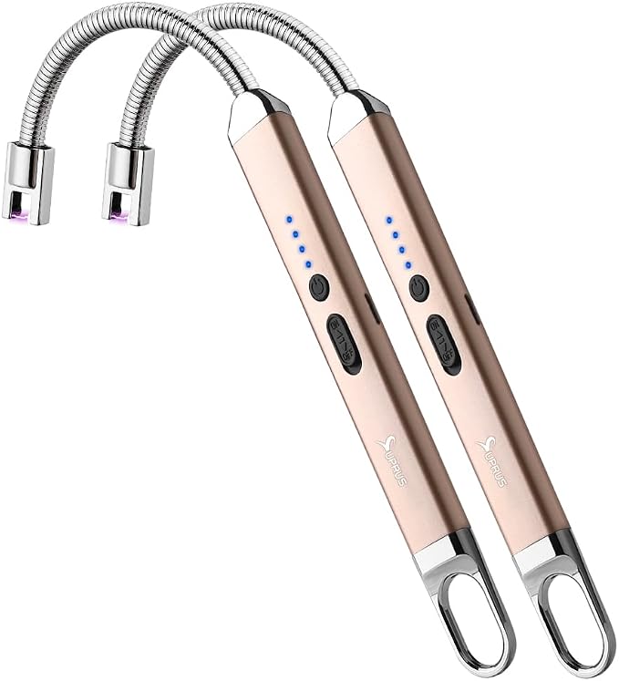 SUPRUS Rechargeable USB Arc Electric Lighetrs with Safety Switch 360° Flexible Neck Flameless Grill Long Lighters for Candle Camping Cooking (Champagne Gold, 2Packs)
