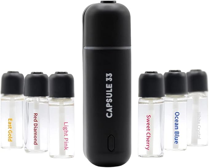 Car Perfume Starter Pack, Car Air Freshener, Ultrasonic Aroma Diffuser, 6 Fragrances (White Crystal, Red Diamond, East Gold, Ocean Blue, Sweet Cherry, Light Pink) (White)