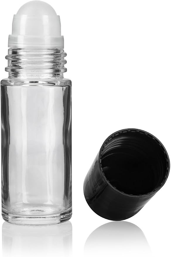 JUVITUS Clear Glass Heavy Wall Bottle 1 oz / 30 ml with Roll On (2 PACK) + Funnel and Labels for Aromatherapy