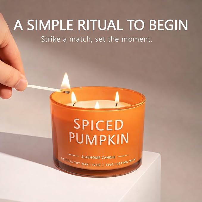 Pumpkin Spice Scented Candle, Luxury Large 3 Wick Soy Candle 12 Oz, 60+ Hour Long Lasting Clean Burn, Elegant Aromatherapy Home Decor, Housewarming & Birthday Gift for Men & Women