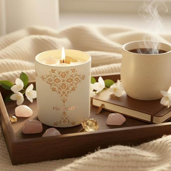 Healing Crystal Candle Gift for Women - Vanilla Cashmere Luxury Soy Candle with Crystals - Rose Quartz & Citrine - Gift-Ready Aromatherapy Candle for Stress Relief, Meditation & Manifestation