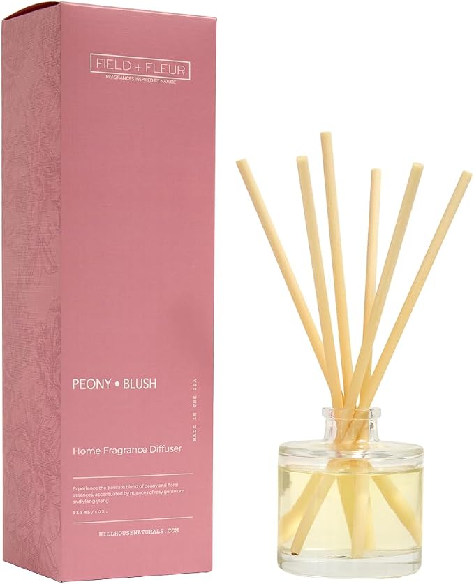 Field + Fleur - Reed Diffuser Set - Home Fragrance Diffuser - Refresh Home, Bedrooms, Bathrooms & More - Notes of Peony, Geranium & Ylang-Ylang - Made in the USA - Peony Blush Scent - 4 oz
