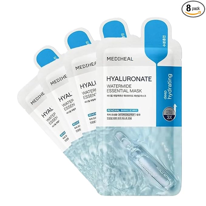 Mediheal Best Korean Hyaluronate Watermide Essential Face Mask - Hydrating and Moisturizing Sheet Masks With Hyalu Active 3x For All Skin Types (4 Count) (Pack of 2)